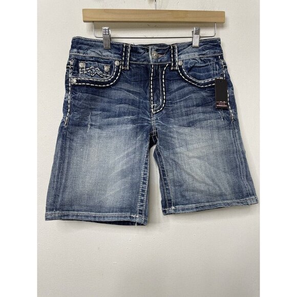 Miss Me Boyfriend Shorts Womens 25x9 Blue Denim Jeans Shorts Thick Stitch Jewel - Picture 2 of 8